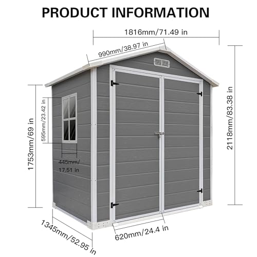 6x4 FT Outdoor Storage Resin Shed with Floor,Waterproof Plastic Garden Bike Shed with Lockable Door, Sloped Roof, Vents & Windows, Easy Assembly Tool Shed for Lawn, Backyard, Patio, Grey