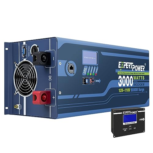 ExpertPower 3000W Pure Sine Wave Inverter Charger | Peak 9000W | DC 12V - AC 110V | LifePO4/ Lithium Battery Compatible | Auto Transfer Switch | LCD Display