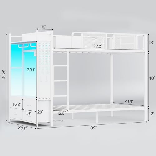 Itaar Metal Bunk Bed Twin Over Twin with Hall Tree, Power Outlet, LED Bunk Bed with 4 Storage Drawers, Bed with Safety Guardrail & Ladders, No Box Spring Needed, Easy Assembly, White