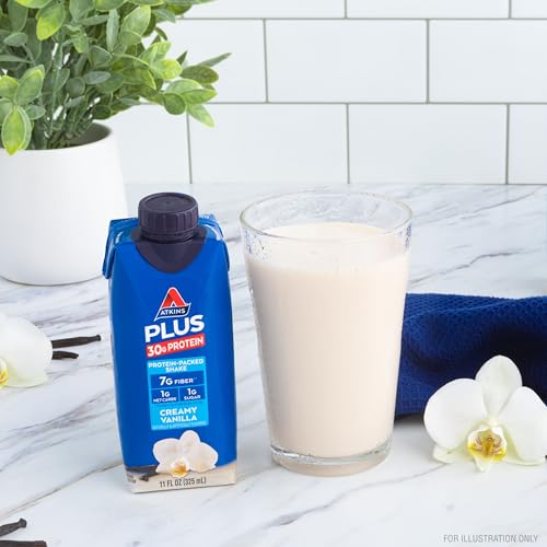 Atkins Creamy Milk Chocolate PLUS Protein Shake, 30g Protein, 7g Fiber, 2g Net Carb, 1g Sugar, Keto Friendly, Low Carb, High Protein Drink, 12 Count