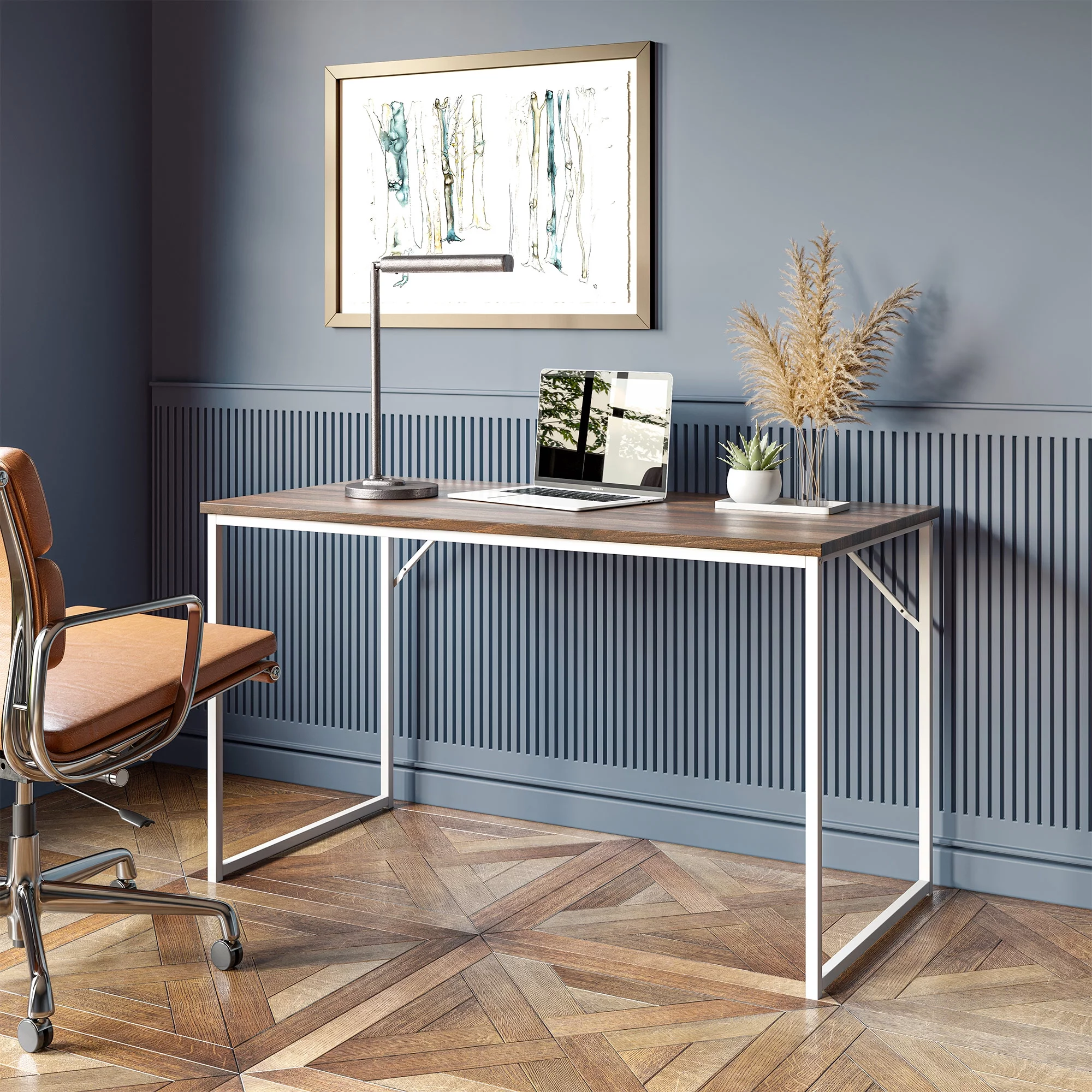 BELLEZE Home Office Computer Desk with White Frame - Barton (Dark Walnut)