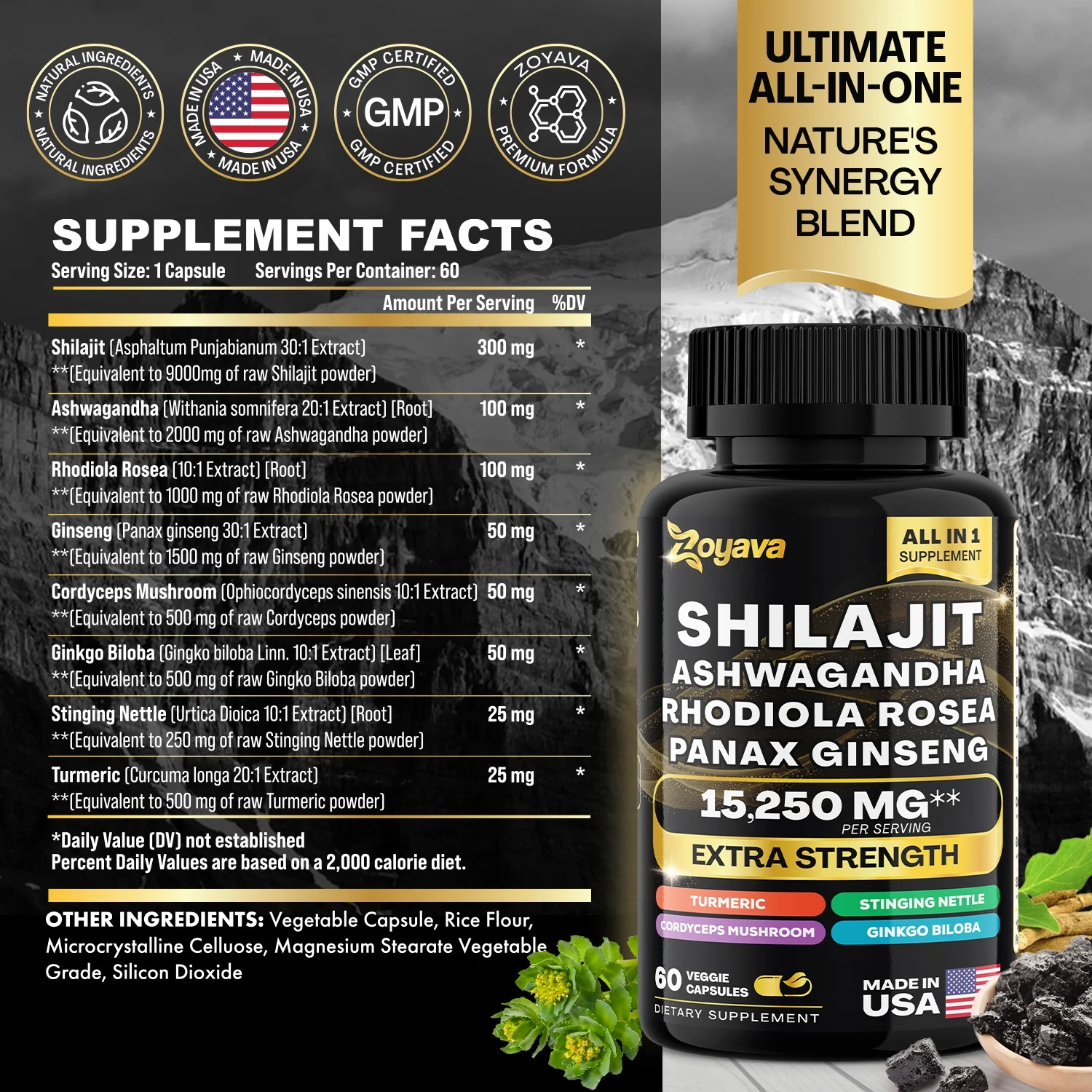 Shilajit Pure Himalayan 9000MG, Energy Booster Ashwagandha 2000MG, Rhodiola Rosea 1000MG, Panax Ginseng 1500MG, Turmeric 500MG, Gingko Biloba 500MG, Stinging Nettle 250MG, Cordyceps Mushroom 500MG