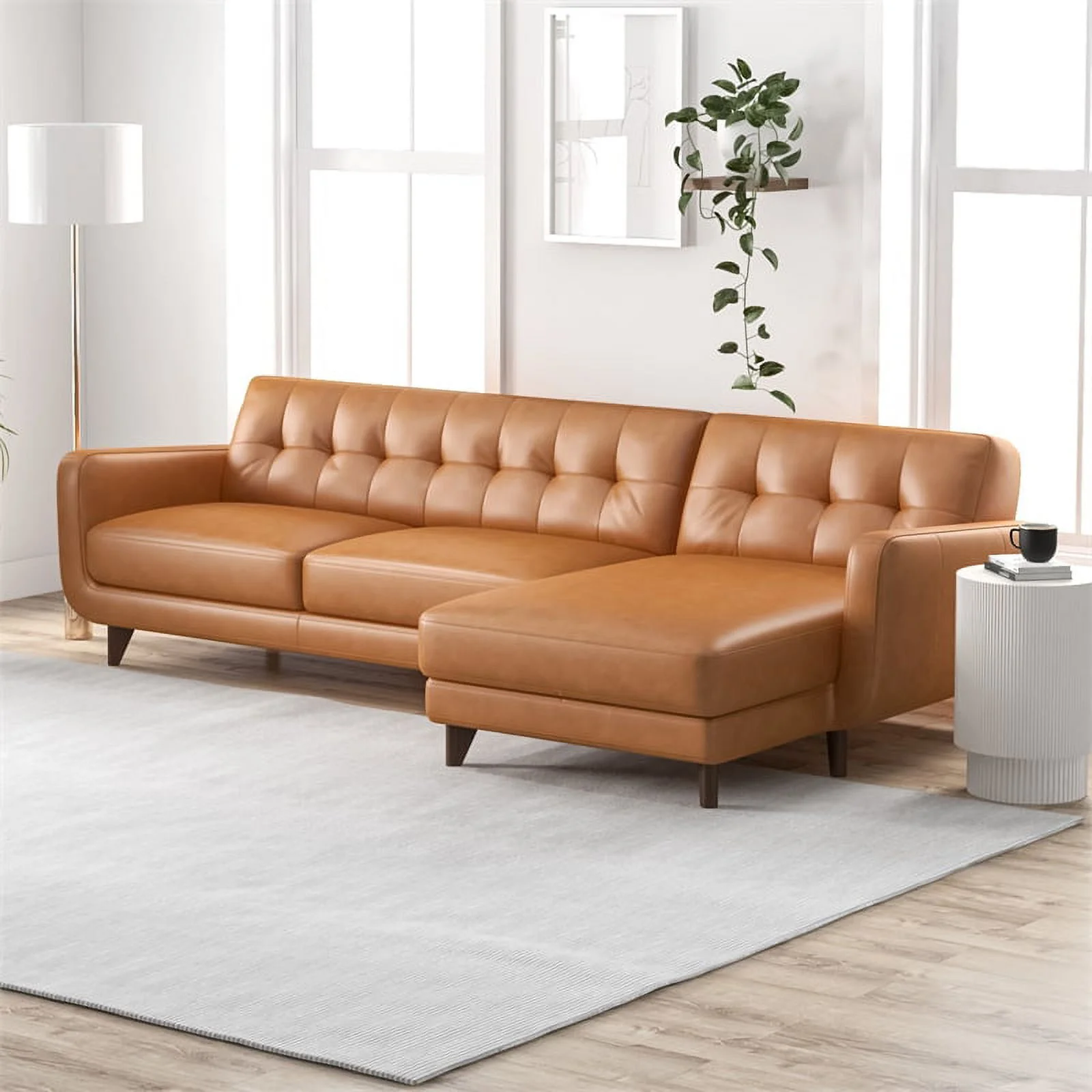 Pemberly Row Mid-Century L-Shaped Leather Right-Facing Sectional in Brown
