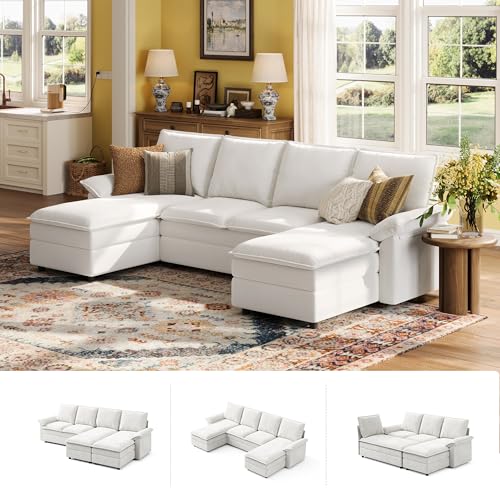 LINSY HOME Modular Sectional Sofa, U Shaped Couch with Chaise, Comfy Chenille Sleeper Sofa Couches for Living Room Apartment Office, Beige