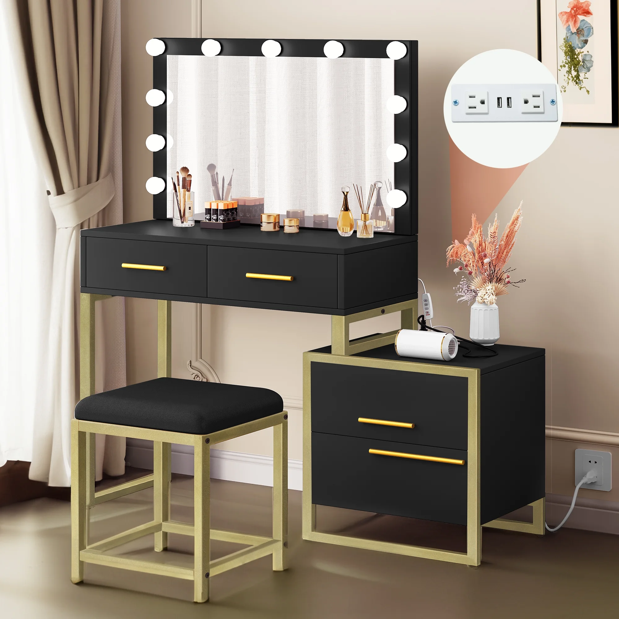 Dextrus Makeup Vanity with 4 Drawers, Mirror and LED Lights, Vanity Desk with Mirror and 10 LED Light Bulbs, Black-Gold