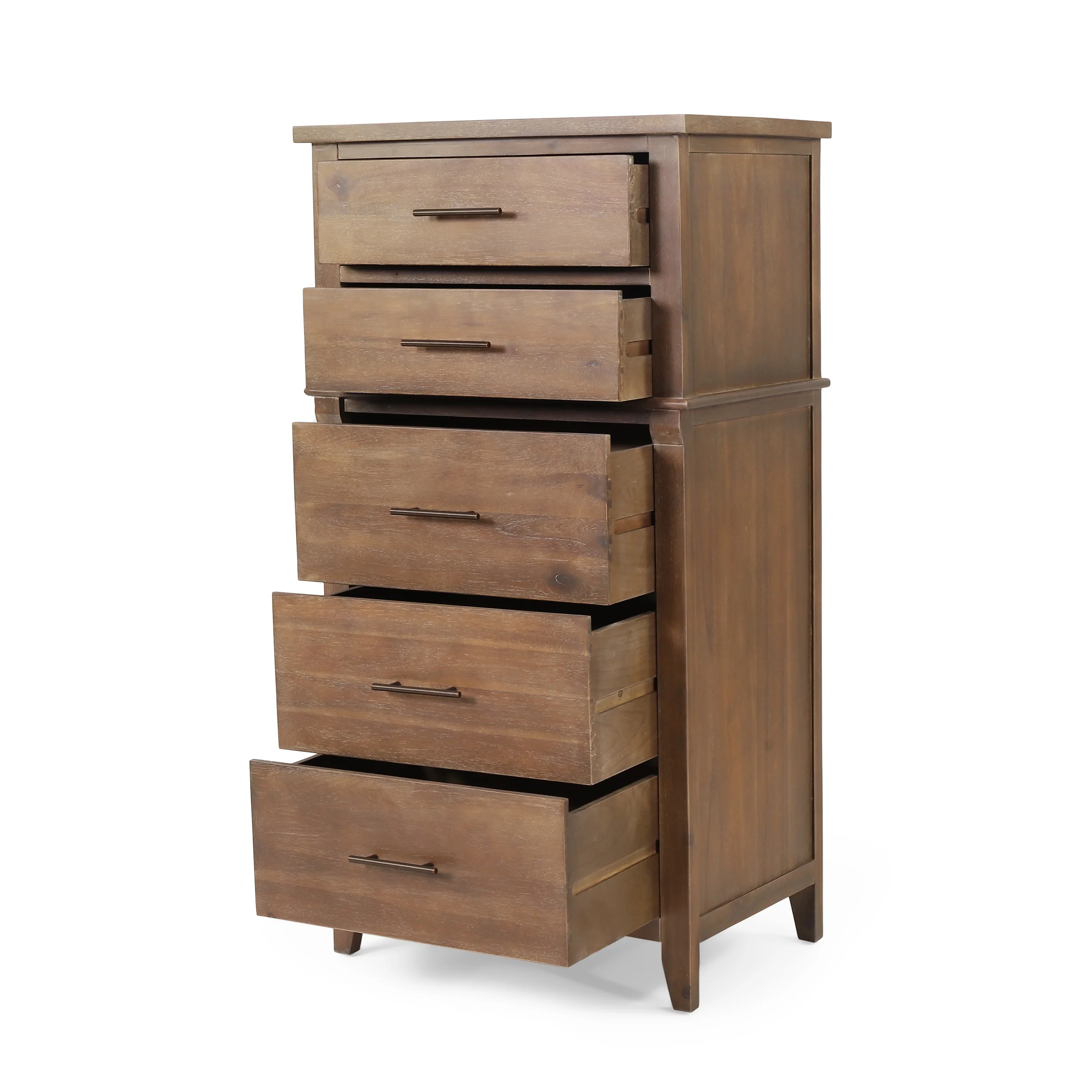 GDF Studio OkiOki Coastal Acacia Wood 5 Drawer Dresser, Light Brown Glaze
