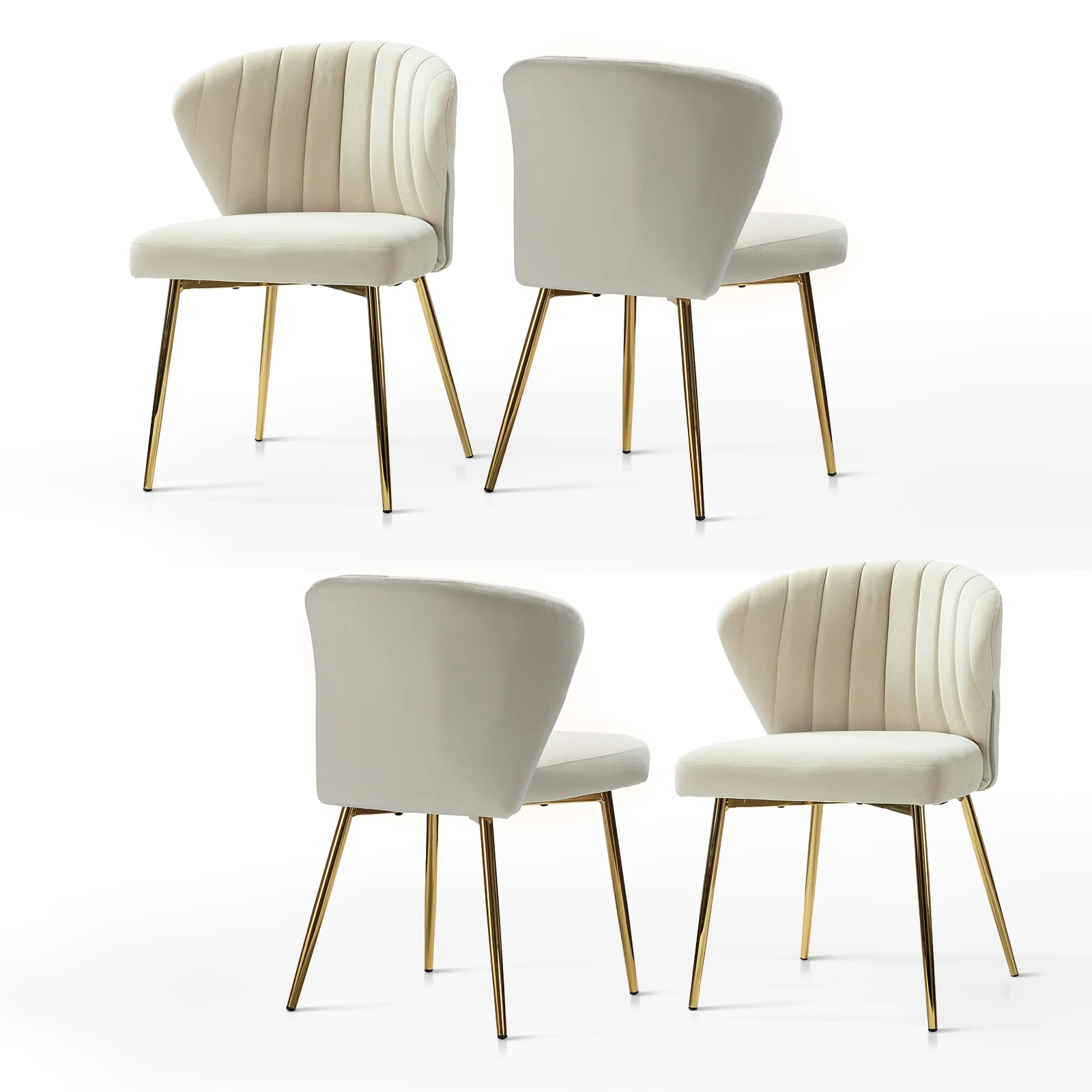 Velvet Upholstery Set of 4 Dining Chairs Channel Tufted Side Chair Metal Legs Kitchen Living Room Bedroom Tan