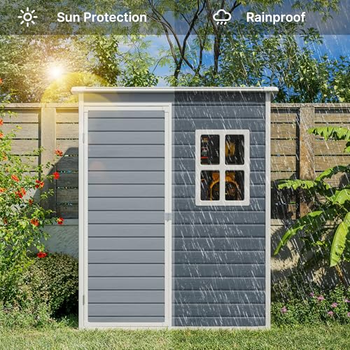 Gizoon 6x4 FT Outdoor Storage Shed with Floor, Resin Garden Tool Shed with Lockable Doors, Window, Vents, Reinforced Steel Frame, Waterproof Plastic Storage Sheds for Backyard, Patio, Lawn
