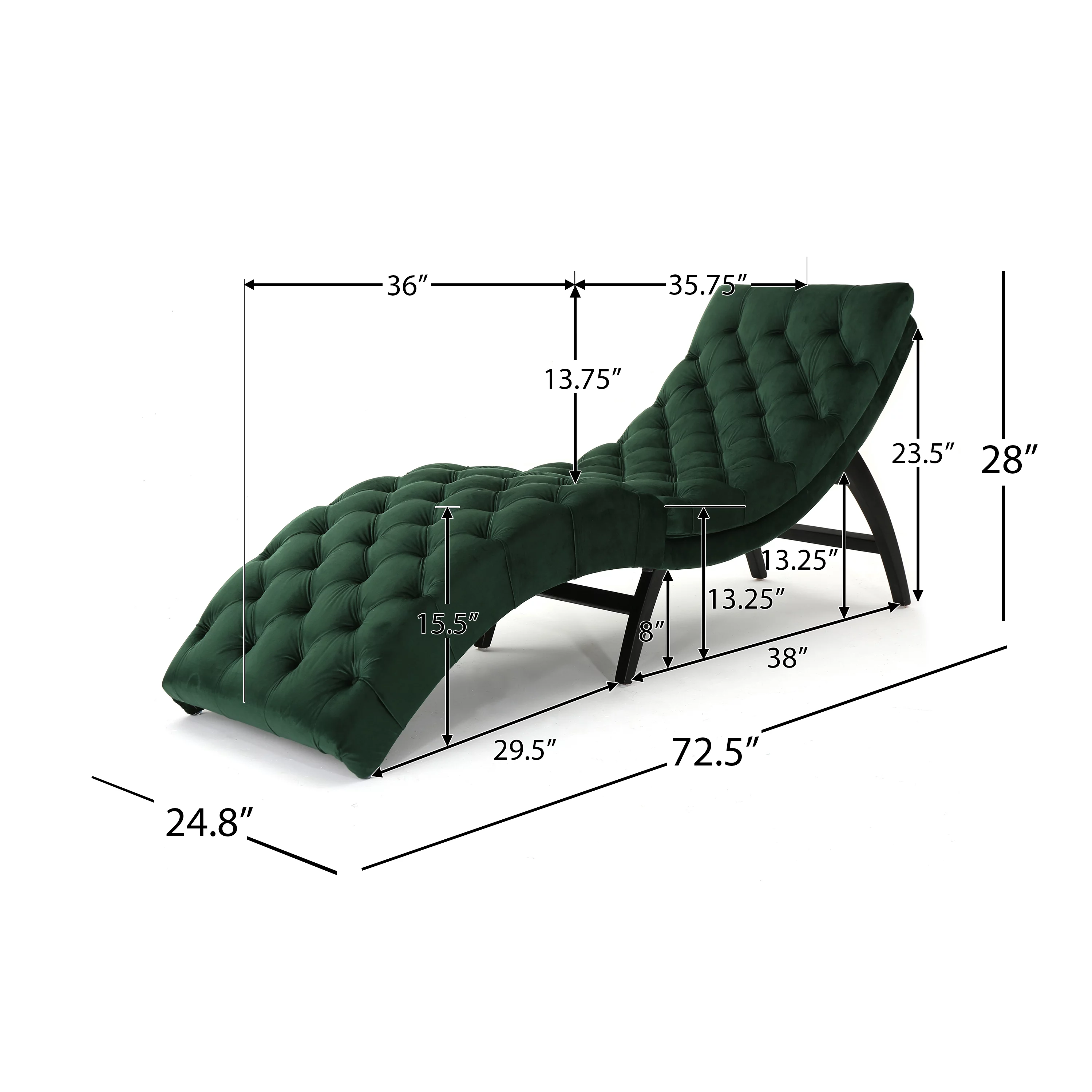 Grasby Tufted Emerald Velvet Chaise Lounge, Emerald and Expresso