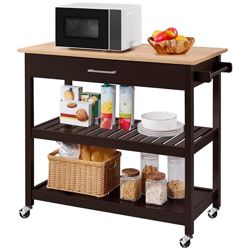 Yaheetech Kitchen Island Cart on Wheels with Bamboo Tabletop, 3-Tier Rolling Kitchen Island Microwave Cart with Drawer, Detachable Towel, 3 Hooks, 17