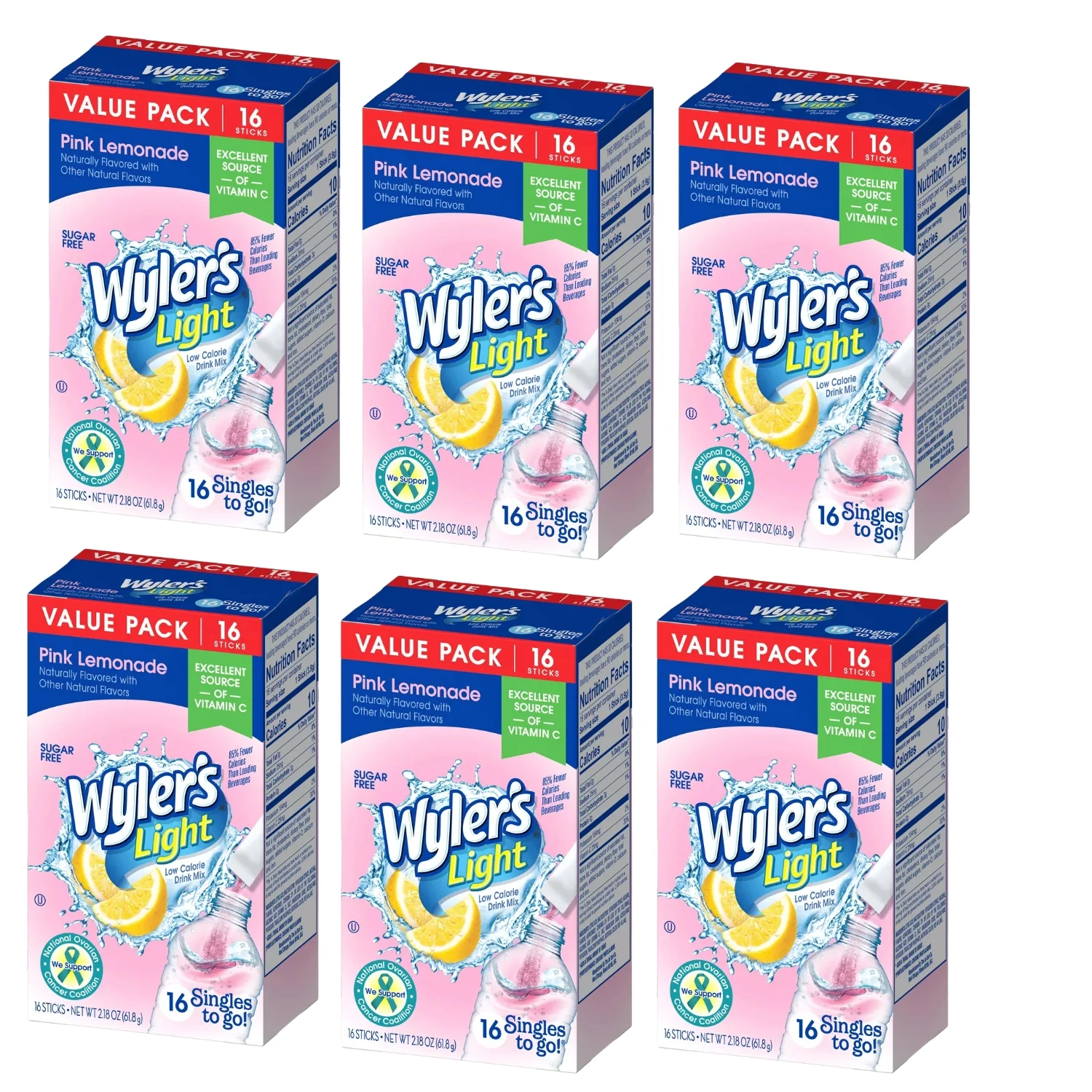 (6) Wyler's Light On The Go Powdered Drink Mix Pink Lemonade Flavor Water Enhancer Sugar-Free Good Source of Vitamin C Beverage for Lunch Snacks Picnics Travel 16 Stick &CUSTOM Storage Carrier