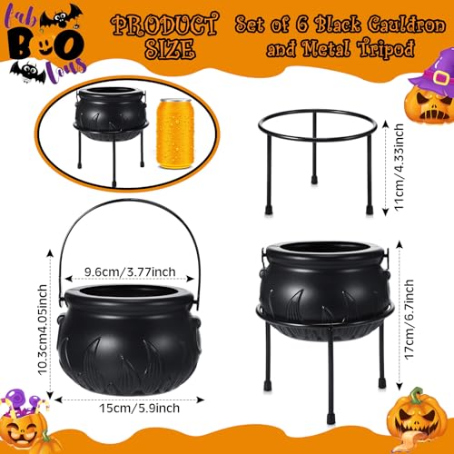 Jenaai 6 Pcs Halloween Witch Cauldron Candy Serving Bowl Set Plastic Black Witch Cauldron on Stand Candy Holder for Home Indoor Outdoor Kitchen Halloween Party Decorations