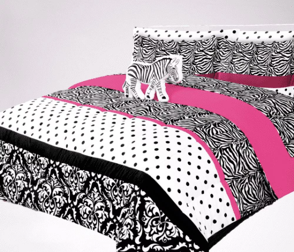 6-PC Twin Zebra pink complete bed in bag comforter bedding set with furry friend and matching sheet set for kids boys girls super soft easy wash kids bedding décor
