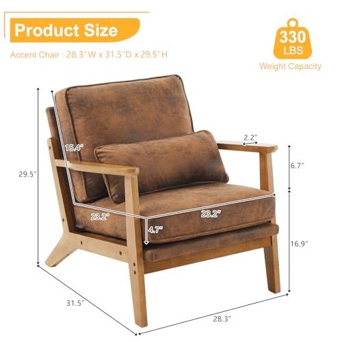 Karl home Accent Chair Wide Armrest Mid-Century Lounge Chair Bronzing Cloth Armchair with Lumbar Pillow & Solid Wood Frame for Living Room, Bedroom, Balcony, Brown