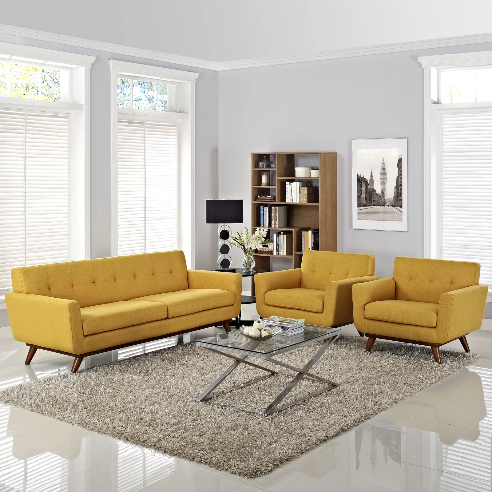 Modway Engage Armchairs and Sofa Set of 3 in Citrus