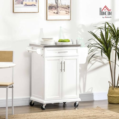 HOMCOM Kitchen Island on Wheels, Rolling Kitchen Cart with Stainless Steel Countertop, Drawer, Towel Rack and Spice Rack, Utility Storage Trolley, Black