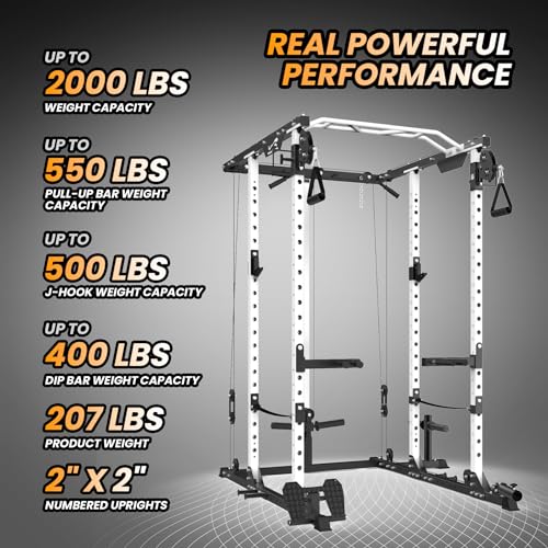 GaveeLife Power Cage, 2000 LBS Power Rack with Cable Cross-Over System, Multi-Functional Strength Training Squat Rack with LAT Pull Down System, Home Gym Equipment with Training Attachment