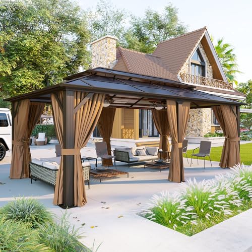 Aoxun 12'x10' Hardtop Gazebo, Aluminum Frame Permanent Pavilion with Curtains and Netting, Outdoor Polycarbonate Double Roof Canopy, Designed for Garden, Lawns, Patio, Brown