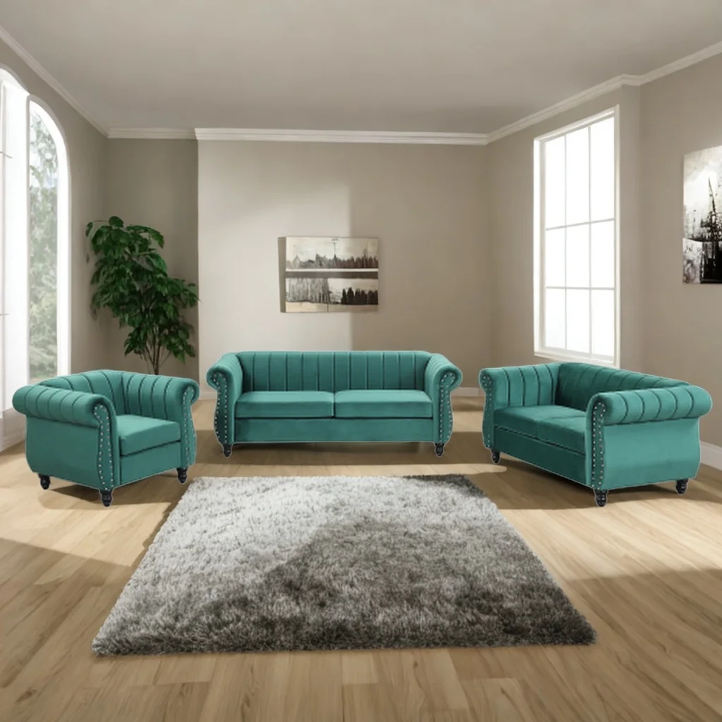 Modern Three-Piece Sofa Set with Solid Wood Legs, Buttoned Tufted backrest, Frosted Velvet upholstered Sofa Set Three-Seater Sofa, Double Seater and Living Room Furniture Set Single Chair (Green)