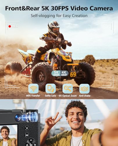 Digital Camera, 6X Optical Zoom & WiFi, 5K 30FPS 64MP Vlogging Camera, Rear and Front Cameras for Photography and Video, Autofocus & Anti-Shake, Travel Selfie for YouTube with Flash Dial 64GB Card