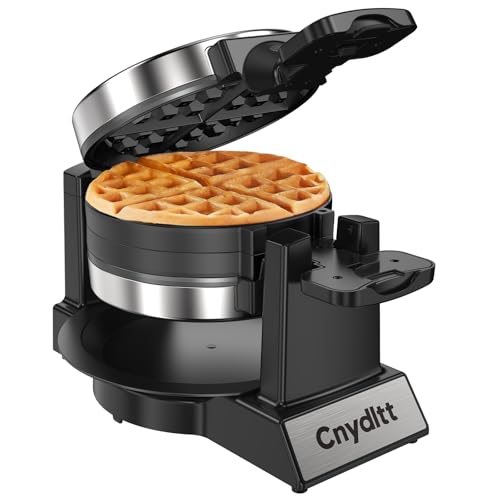 Double Waffle Maker, 1400W Rotating Belgian Waffle Iron with Nonstick Plates, 180° Flip, 8-Slice, Removable Drip Tray, Locking Lid & Cool Touch Handles, Stainless, Black