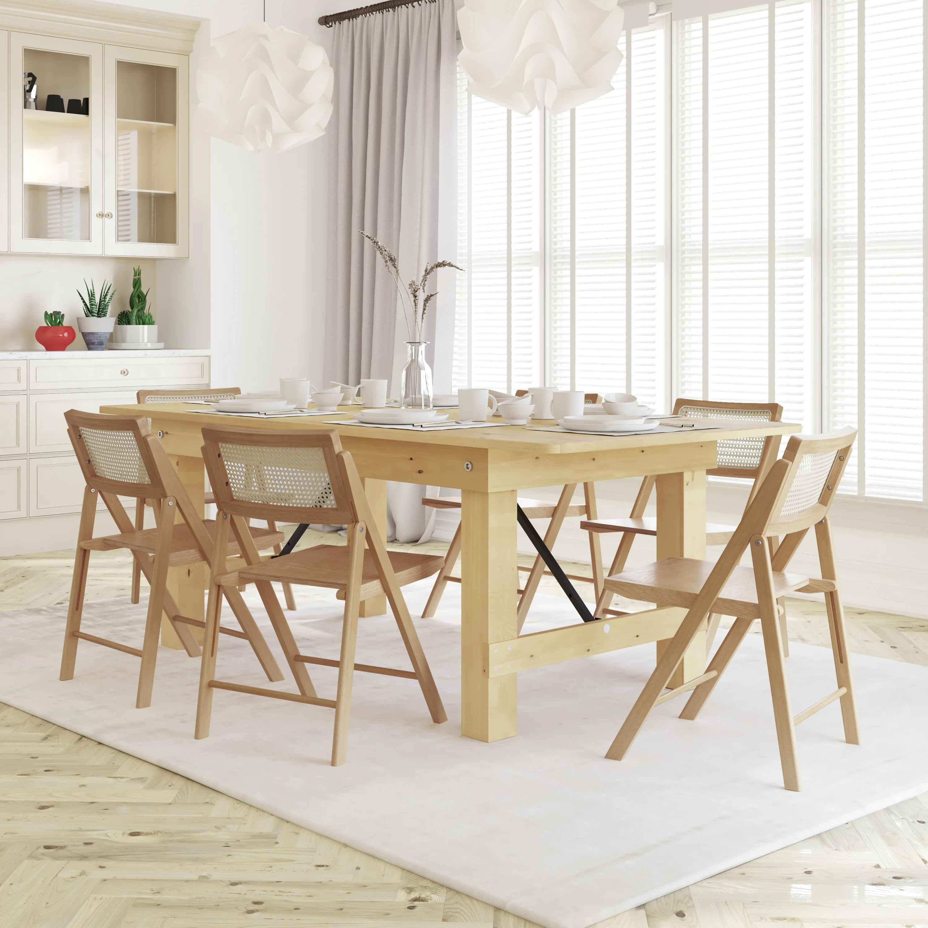 Emma + Oliver Set of 2 Cane Rattan Folding Chairs with Solid Wood Frames and Seats and Breathable Woven Rattan Backrest in Natural