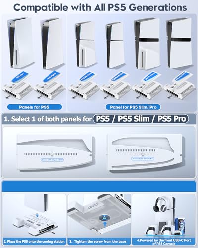 PS5/Slim/Pro Stand and Cooling Station with LED Controller Charging Station for PlayStation 5 Console, Controller Charger, Cooling Stand, PS5/Slim/Pro Accessories Kit with 3 Level Cooler Fan