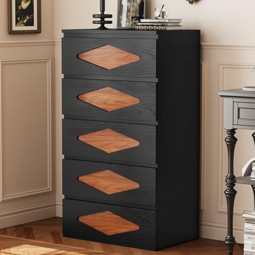 48.3'' Tall Dresser for Bedroom, 4 Chest of Wooden Deep Drawers, Vintage Dresser, Closet Storage Dressers Organizer for Bedroom, Living Room, Hallway (Black+Brown)