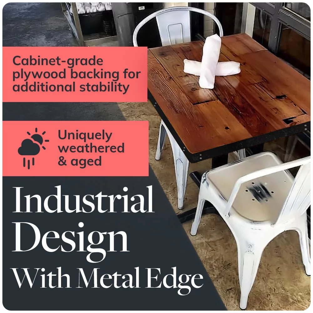 HEIRLOUM Reclaimed Wood Table Top - Rustic Recycled Solid Wooden Piece Perfect for Signs, Kitchens, Dining and Coffee Table Tops (Reclaimed Wood Table Top with Metal Edge,  36