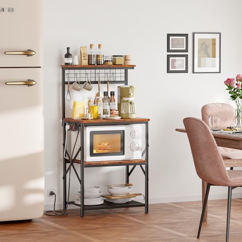 Furologee Kitchen Bakers Rack with Power Outlet, Microwave Oven Stand with Storage 4 Tiers, Coffee Bar Table with 6 S Hooks, Kitchen Storage Shelf Rack for Spices, Pots, Rustic Brown