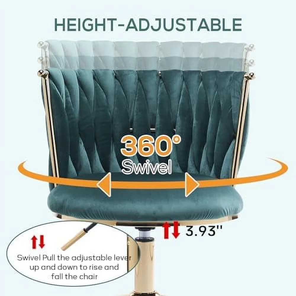 KHBIULIFE Velvet Office Desk Chair with  Woven Backrest  ° Swivel & Height Adjustable Task Chairs  Makeup Chair  Computer Chair with Stainless Base and 5 Wheels (Rose Red)