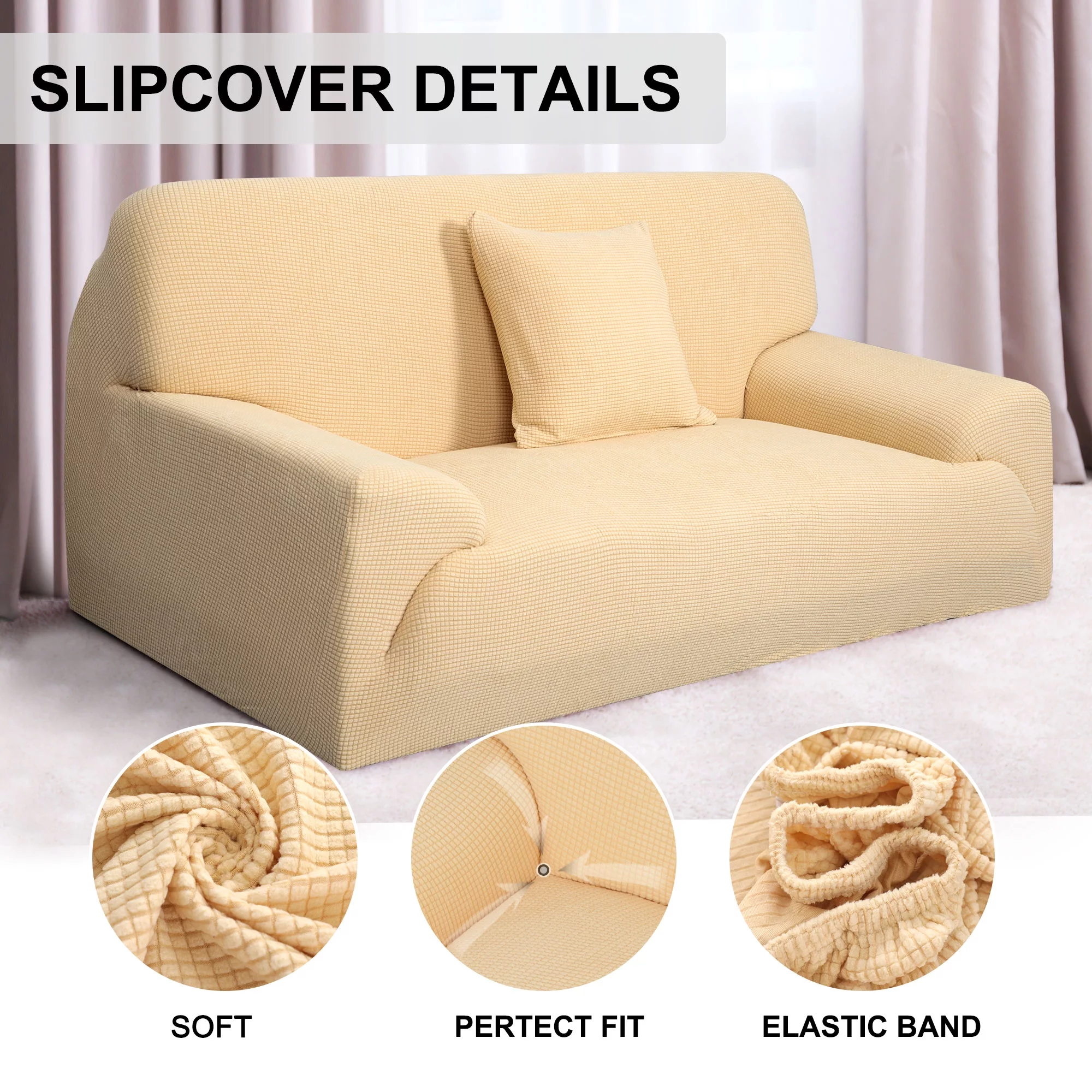 PiccoCasa 1-Piece Jacquard Sofa Covers 2 Seater Couch Slipcover Yellow 53