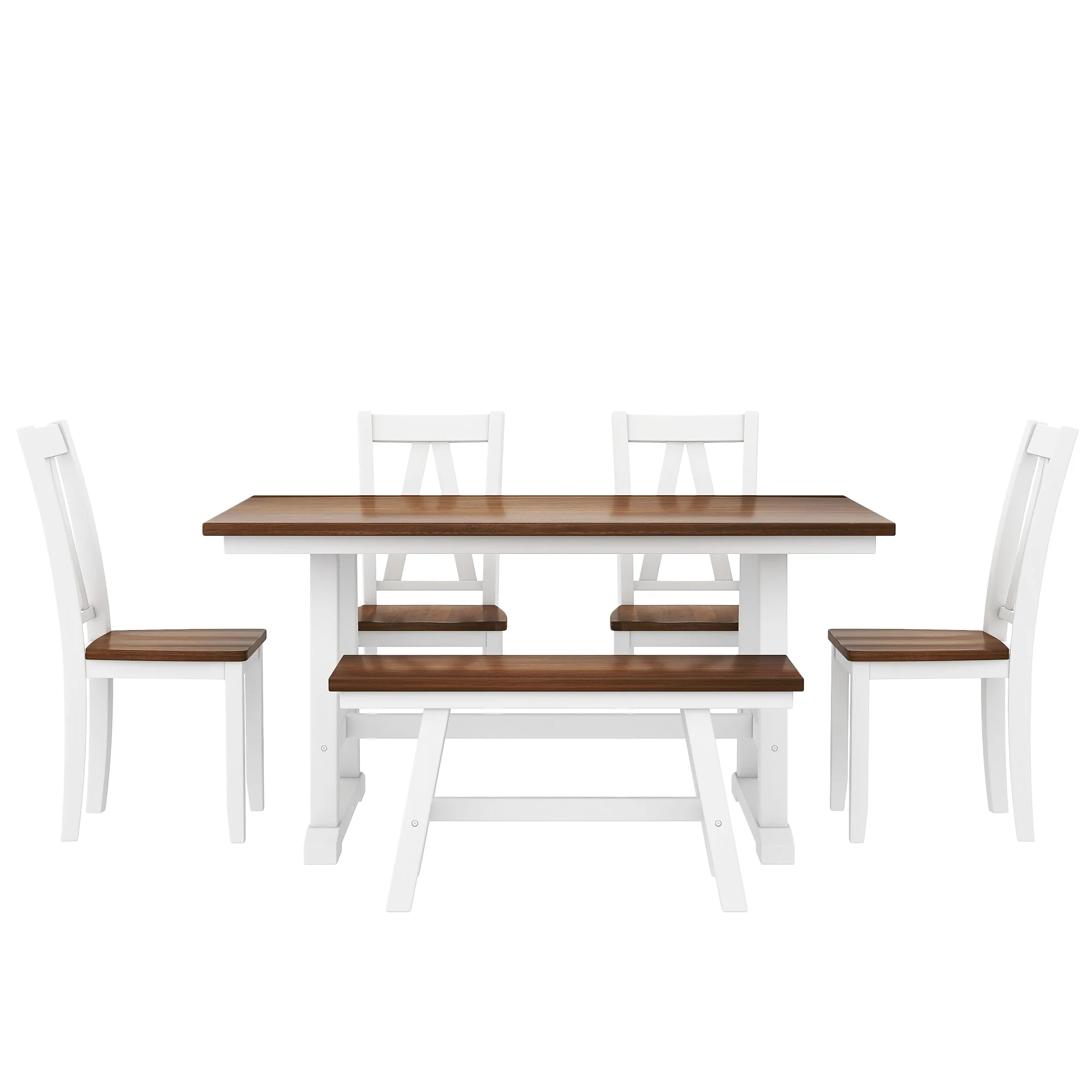 6-Piece Wood Dining Table Set with Bench and Chairs, Farmhouse Style White