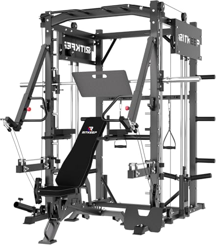 Smith Machine with Jammer Arms & Leg Press Board , RitKeep PMAX-4750 All-in-One Smith Machine with Adjustable Weight Bench and Adjustable Pulley System (1:1 & 2:1) for Full Body Strength Training