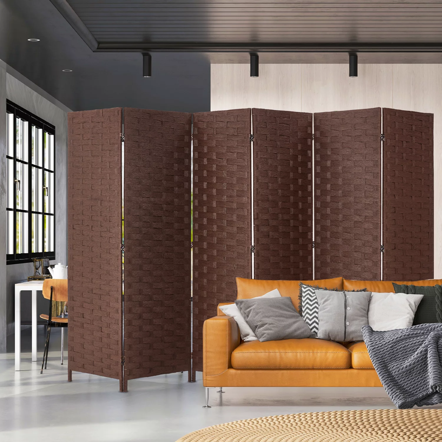 YODOLLA 6 Panels Room Divider, 6 FT Tall Weave Fiber Room Divider, Double Hinged Folding Privacy Screens, Freestanding Room Dividers, Brown