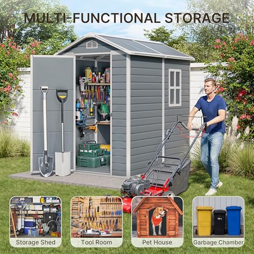 Gizoon 6x4 FT Outdoor Storage Shed with Floor, Resin Garden Tool Shed with Lockable Doors, Window, Vents, Reinforced Steel Frame, Waterproof Plastic Storage Sheds for Backyard, Patio, Lawn