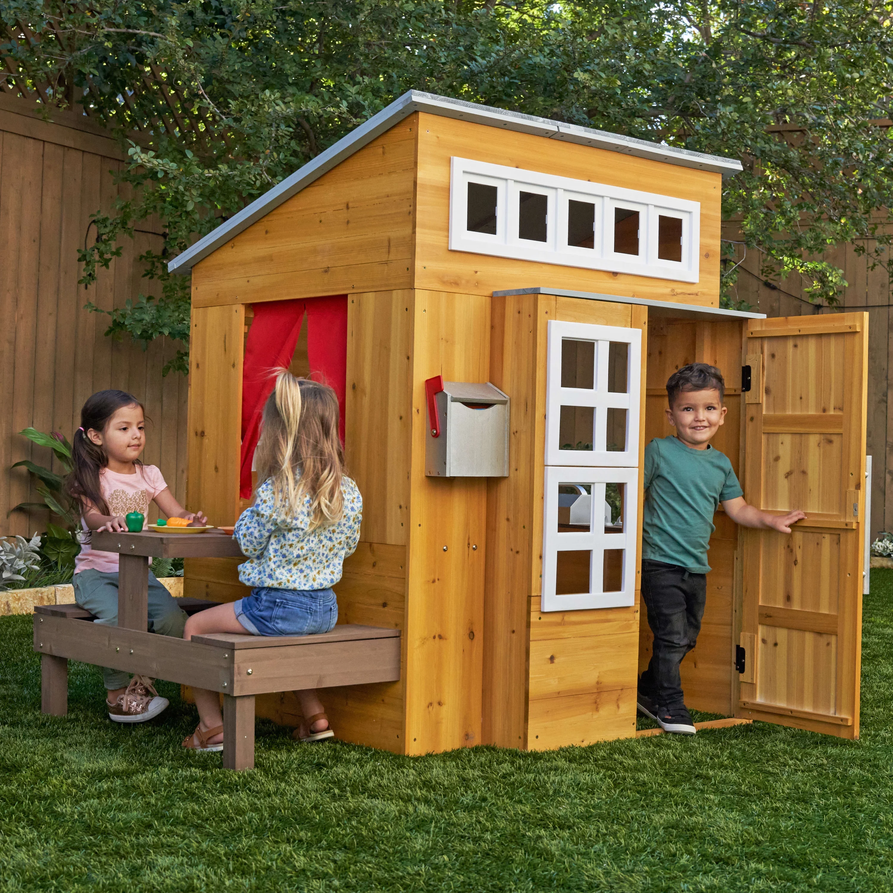 KidKraft Modern Outdoor Wooden Playhouse with Picnic Table