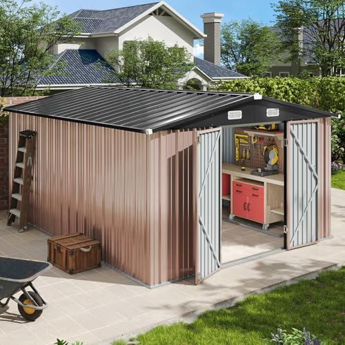 Aoxun 12x10 FT Shed Metal Outdoor Waterproof Storage Shed Steel Utility Garden Tool Shed with Door & Lock Outdoor Storage for Garden Patio Lawn Poolside, Brown