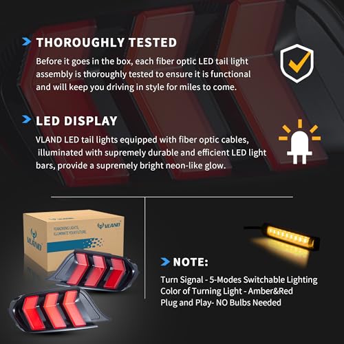 VLAND LED Rear Lights Compatible with Mustang 2015-2023 w/Sequential Turn Signal (5-Modes Switchable Lighting), Clear Lens Taillight Assembly, Passenger&Driver Sides (Clear)