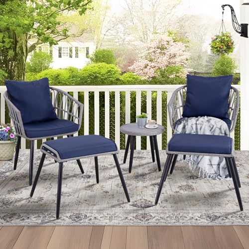 3 Piece Patio Bistro Set, Outdoor Wicker Apartment Balcony Furniture Sets, Rattan Table and Chairs Set of 2 for Porch Backyard Lawn Poolside Deck, Beige
