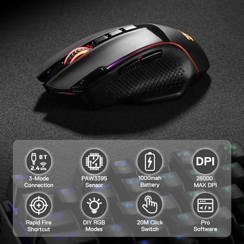 Redragon M810 Pro Wireless Gaming Mouse, 10000 DPI Wired/Wireless Gamer Mouse w/Rapid Fire Key, 8 Macro Buttons, 45-Hour Reliable Power Capacity and RGB Backlit for PC/Mac/Laptop