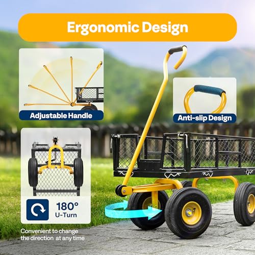 VIVOHOME Heavy Duty 880 Lbs Capacity Mesh Steel Garden Cart Folding Utility Wagon with Removable Sides and 4.10/3.50-4