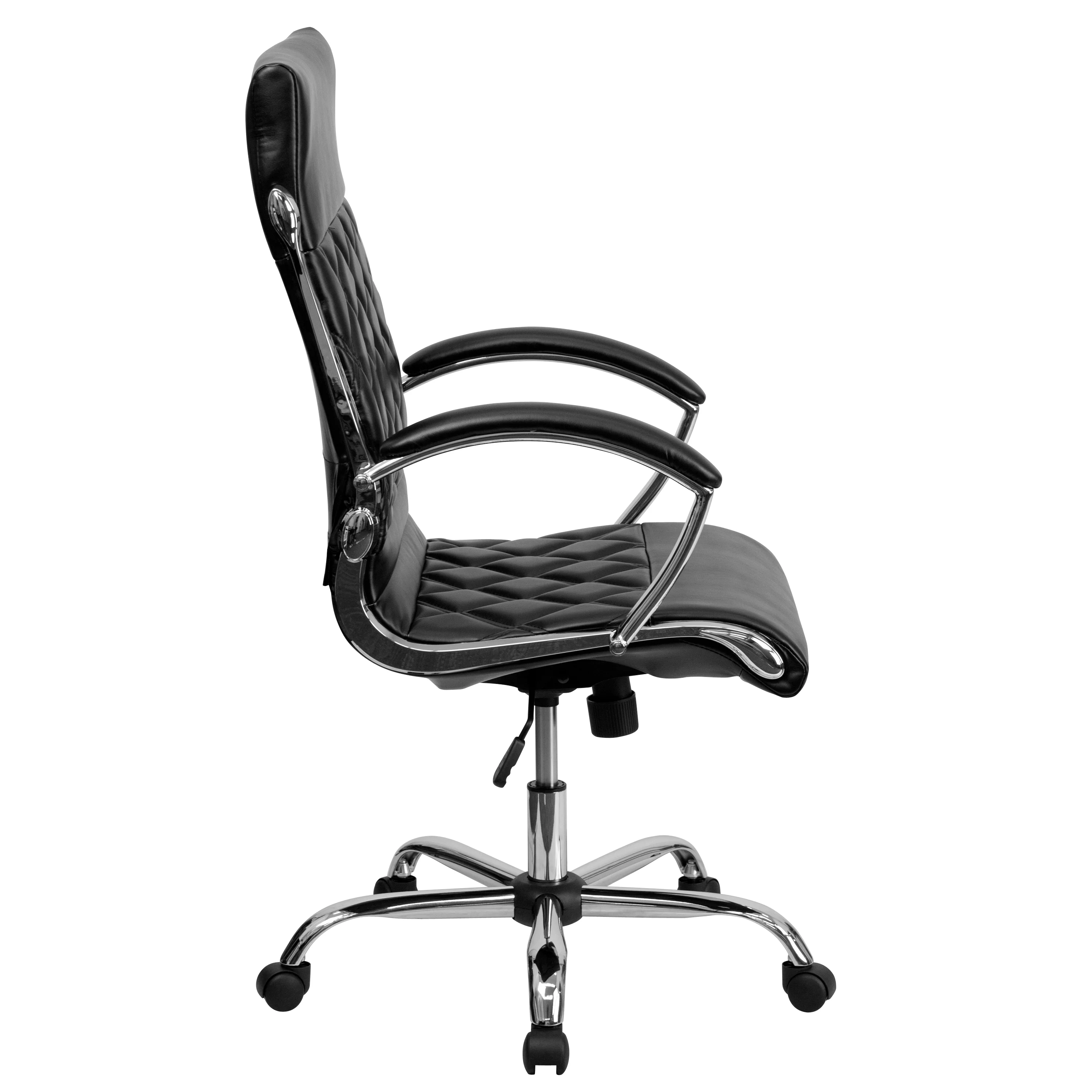 BizChair High Back Designer Quilted Black LeatherSoft Executive Swivel Office Chair with Chrome Base and Arms