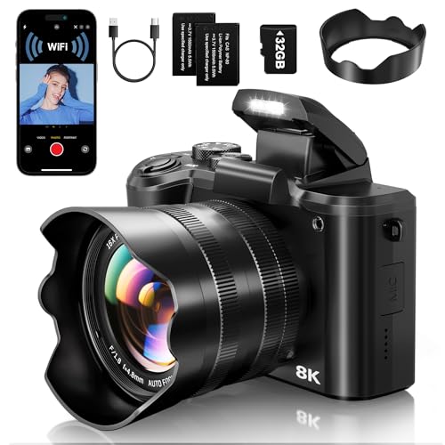 8K Digital Cameras for Photography - Autofocus 88MP WiFi Vlogging Camera for YouTube with Dual-Lens - 16X Digital Zoom Vlog Camera with Lens Hood, Flash, Touch Screen, 2 Batteries, 32GB TF Card