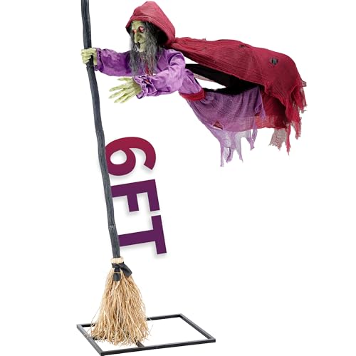 Halloween Animatronics Flying Witch Decorations, 6ft Animated Floating Witch with Sound Activated, Creepy Talking Sound, Mouth Move, Light Up Eyes, Haunted Decor Horror Prop for Outdoor, Yard Lawn
