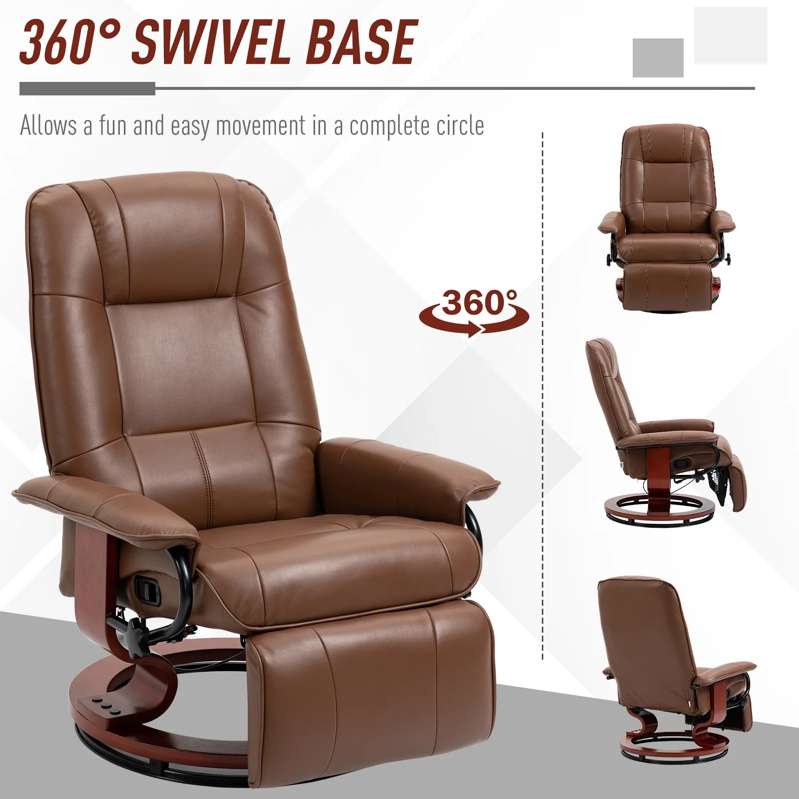 HOMCOM Faux Leather Manual Recliner with Swivel Wood Base, Brown
