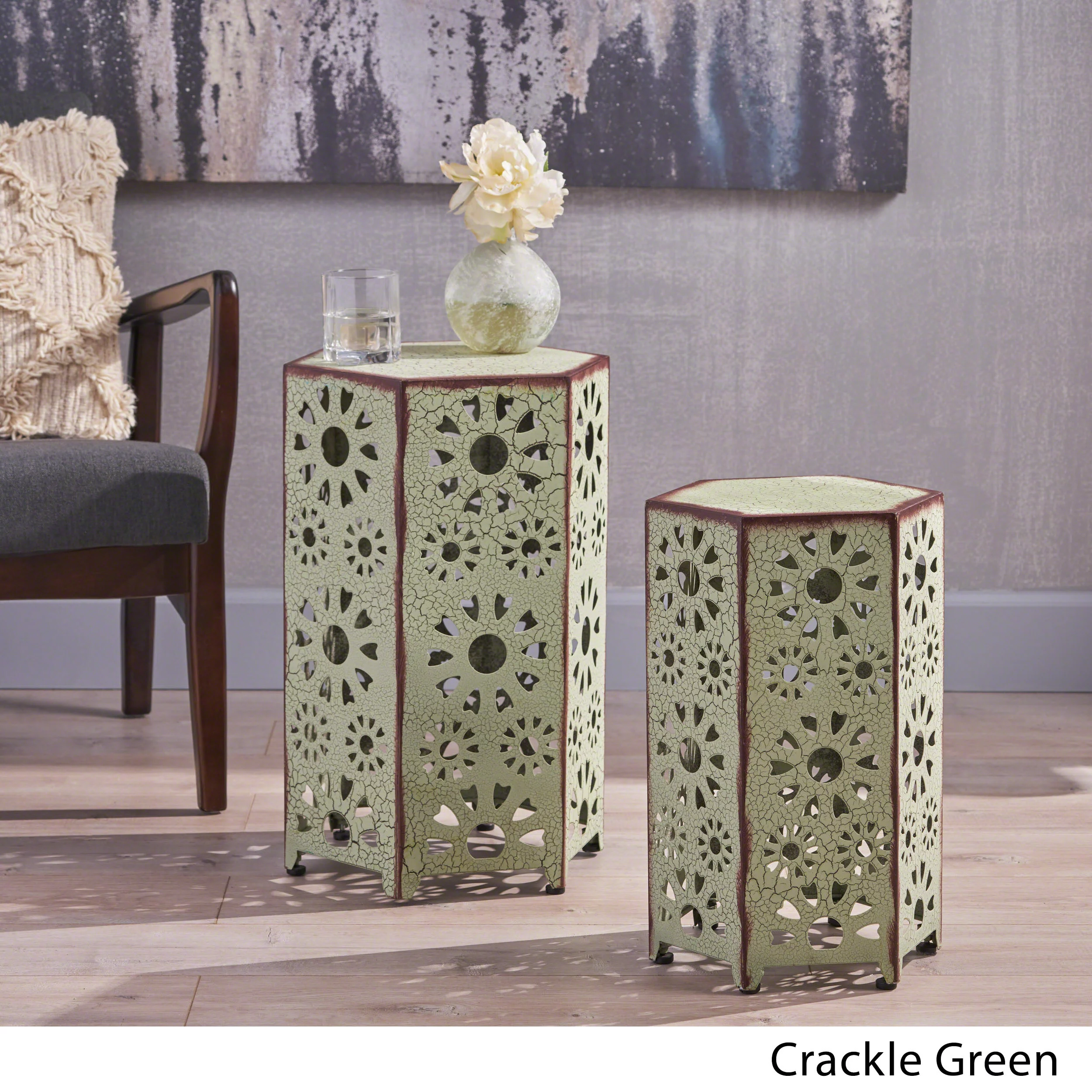 Noble House Vania 12 Inch and 14 Inch Sunburst Iron Side Table Set, Crackle Green