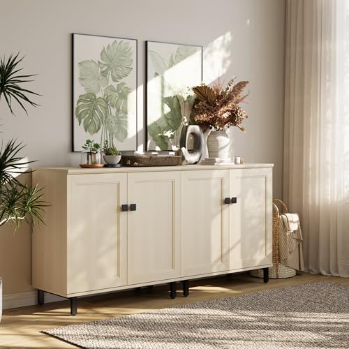 Buffet Sideboard Cabinet Farmhouse Modern 3 in1 Storage Cabinet with Adjustable Shelves for Kitchen, Coffee Bar, Living Room, White