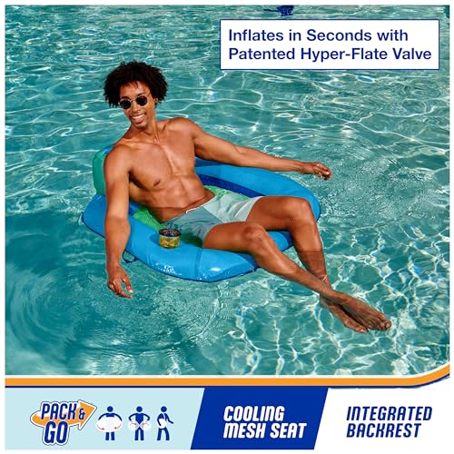 SwimWays Spring Float Premium SunSeat Pool Chairs, Inflatable Pool Floats Adult with Fast Inflation for Ages 15 & Up, Sky Blue
