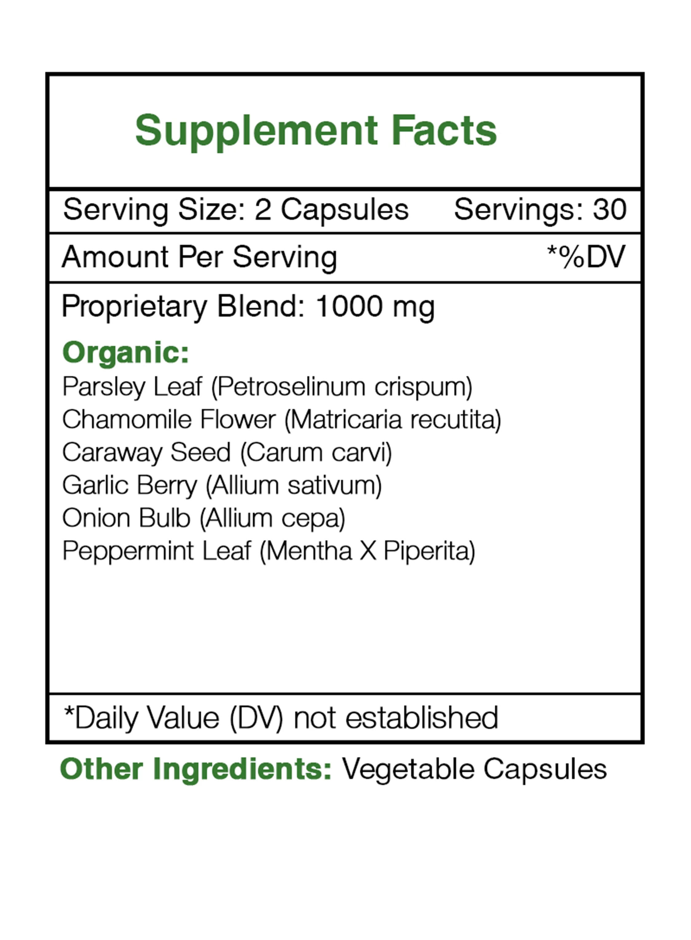 Intestinal Rescue 60 Capsules, 500 mg, Parsley, Chamomile, Caraway, Garlic, Onion, Peppermint. Gas and Bloating Formula